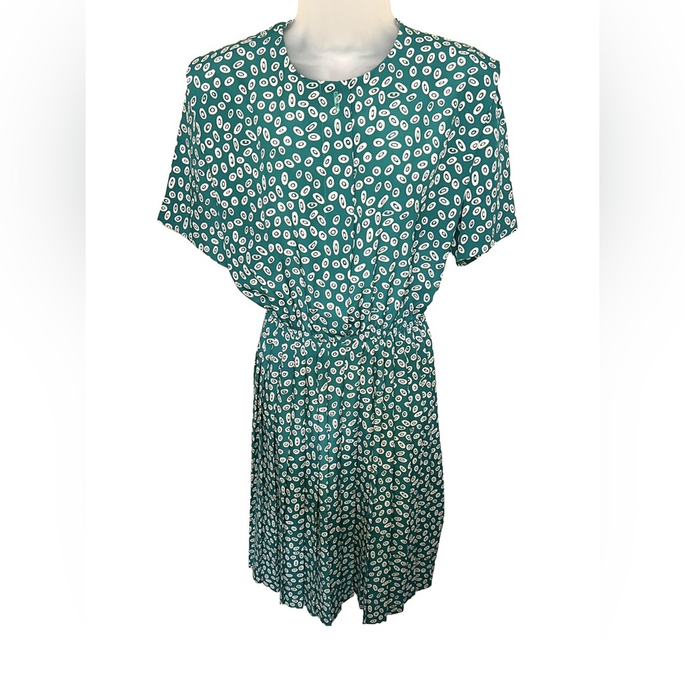 Vintage Leslie Fay Dress 14P Green White Circle Pleated A Line Elastic Waist